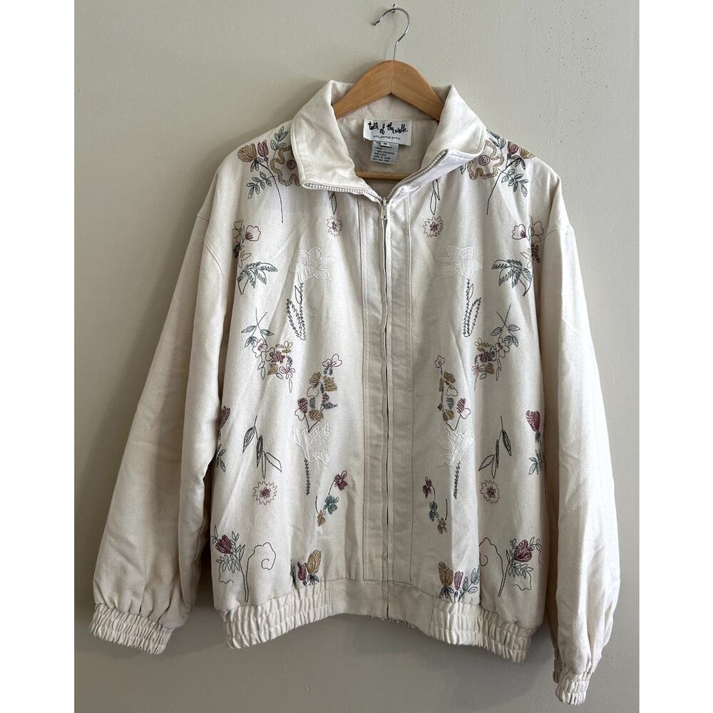 Vintage 80s Threaded Floral Flowers Abstract Silk Bomber Jacket Womens XL